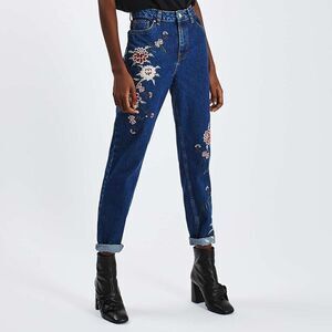Topshop Dark Blue Embroidered Mom Jeans in Size W28 L32